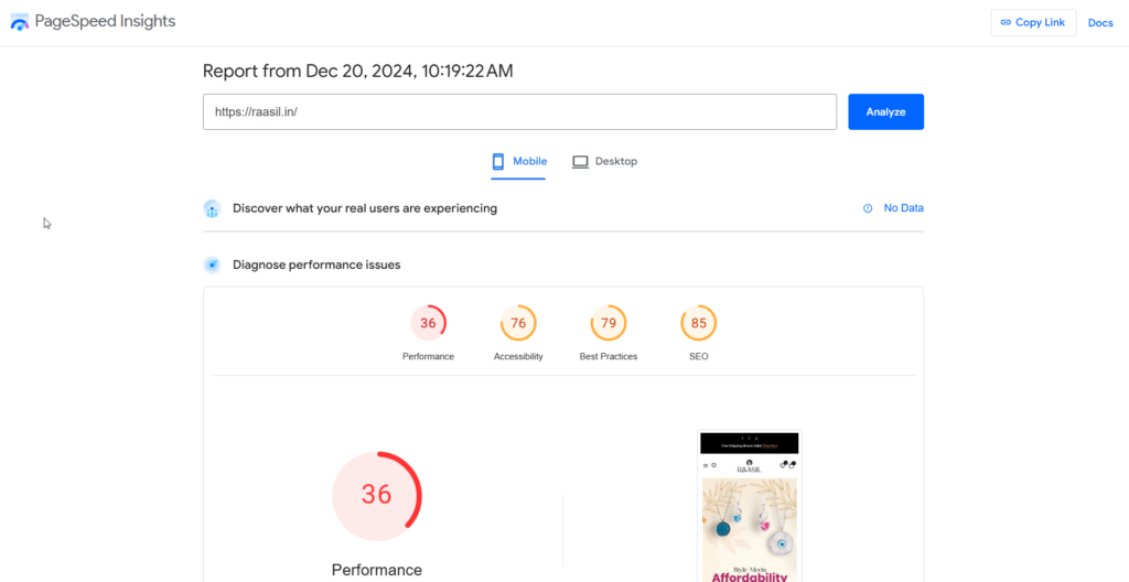 PageSpeed Insight – Mobile Score: 36